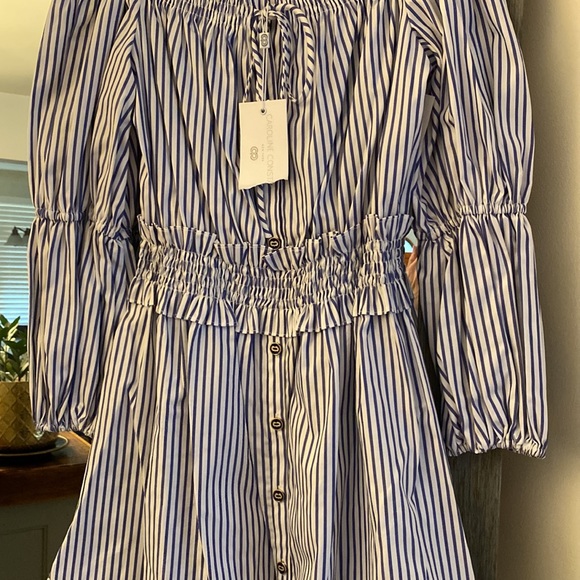 Caroline Constas, L, off the shoulder peasant dress, royal blue stripe, NWT!! - Picture 4 of 11